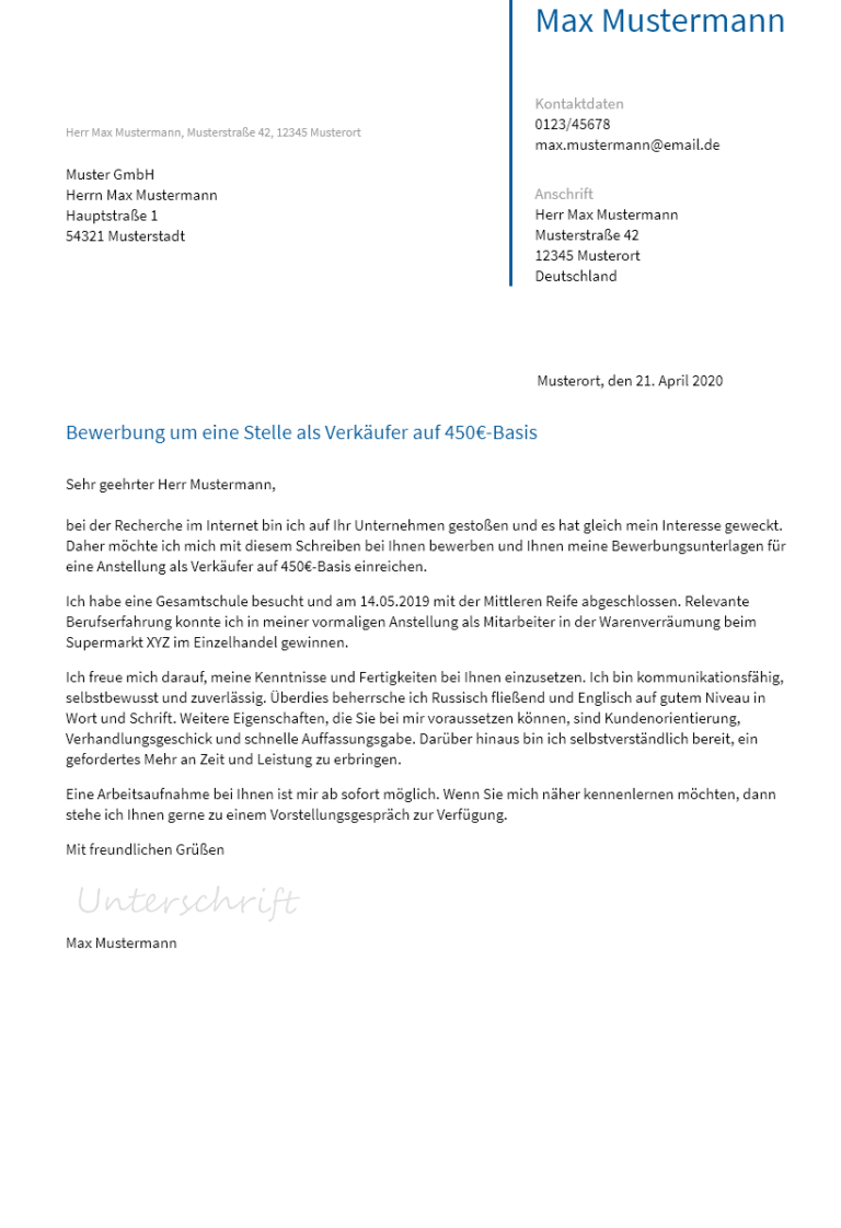 Bewerbung 520 Euro Job Vorlage